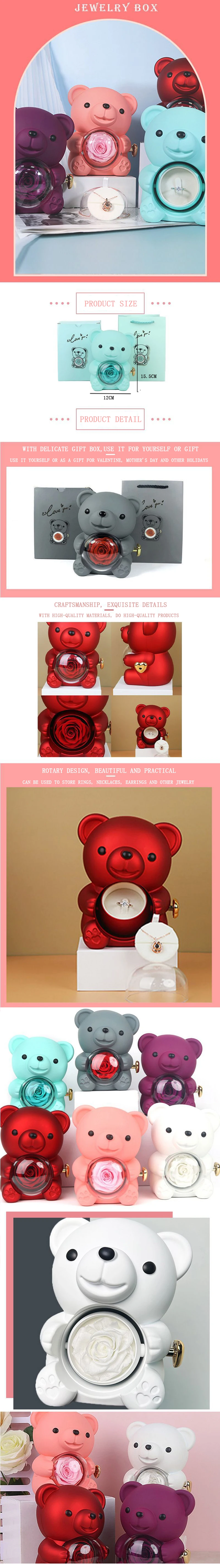 Newly Designed Hot Rotating Bear Shape Eternal Flower Jewelry Box Preserved Rose Necklace Ring Storage Box Valentine's Day Gift manufacture