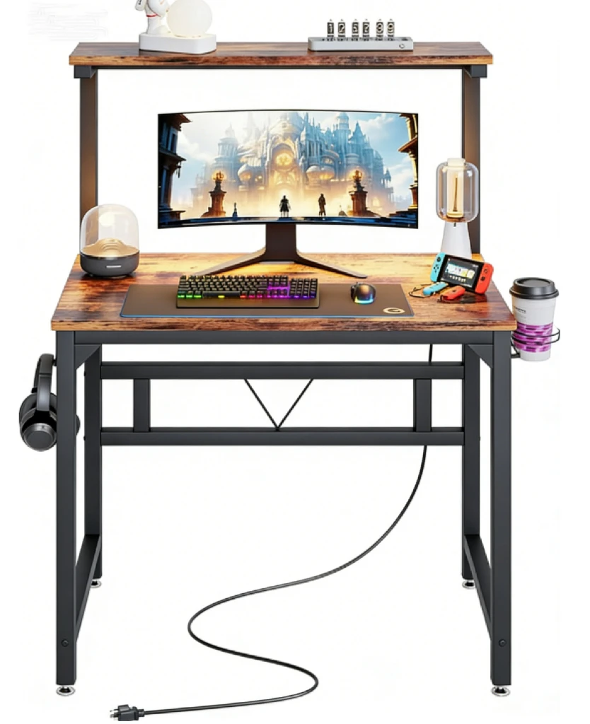 Rustic Wood Gaming Desk with Overhead Shelf & Organizers aperçu 3