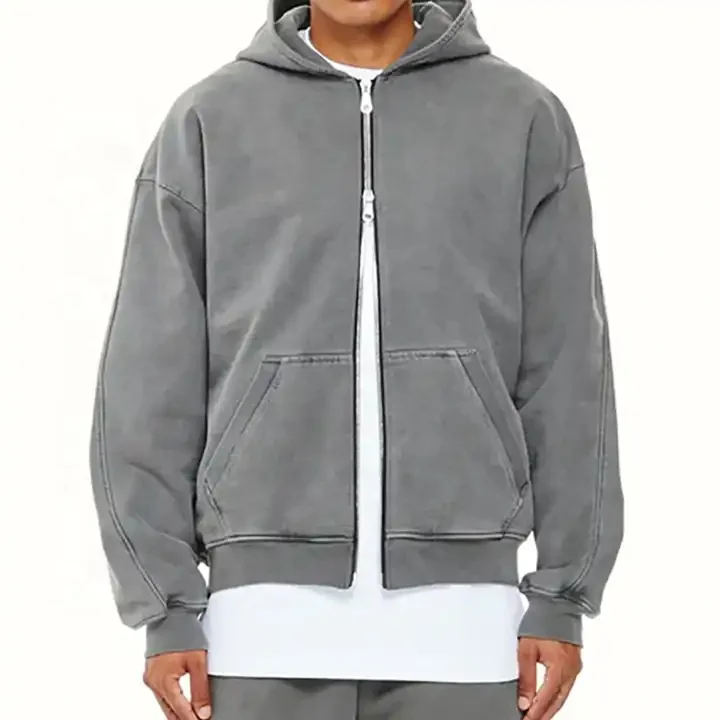 JL1214B French Terry Hoodie Washed Grey Hoodie High Quality Oversized Vintage Acid Wash Full Zip up Puff Printing Hoodie Men
