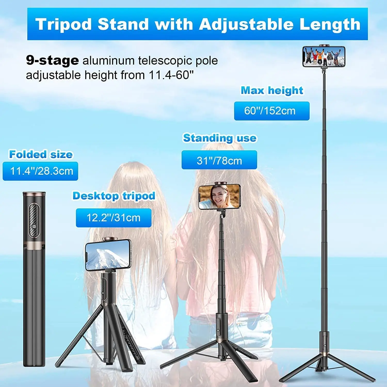 Selfie Stick Tripod,Phone Tripod With Wireless Remote Shutter,Group