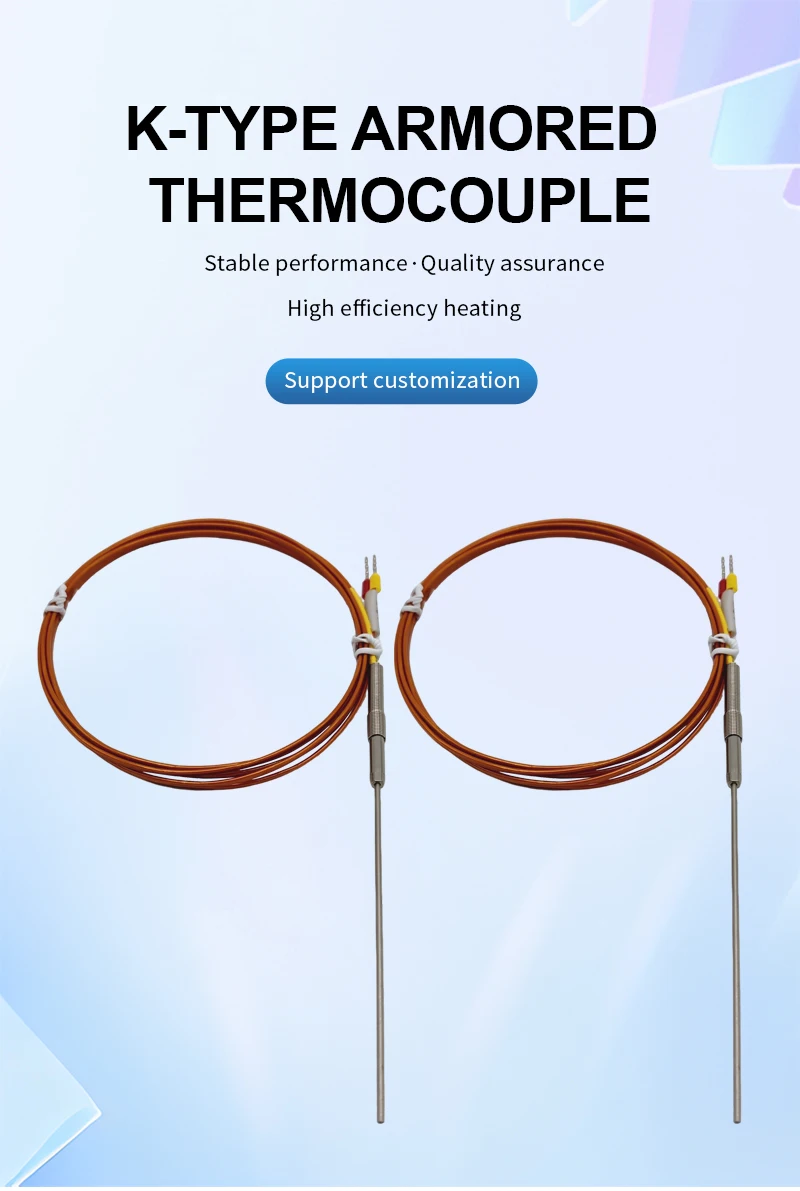 Polyimide Wire Armored Probe Thermocouple, 1.5*80/100/120mm, K/J Type Flexible Temperature Sensor