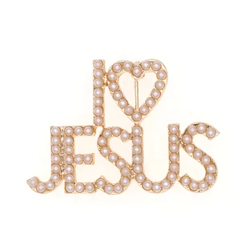 Fashion Jewelry Gold Plated Pearl I Love JESUS Brooch For Decoration Accessories