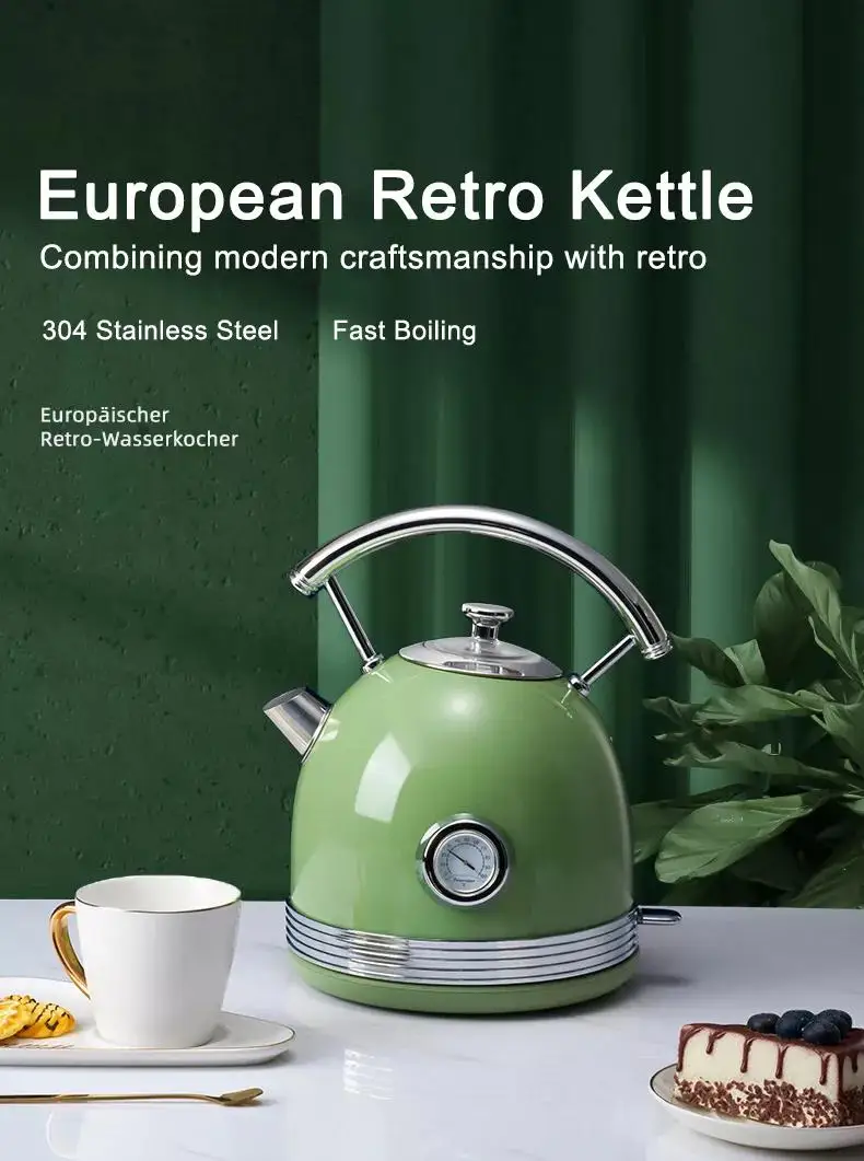 European Retro Kettle With Stainless Steel Kitchen Appliance 1.7l Fast