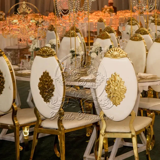 King Throne Аренда белого цвета из искусственной кожи золотого цвета из нержавеющей стали обеденный стул для свадебного банкета