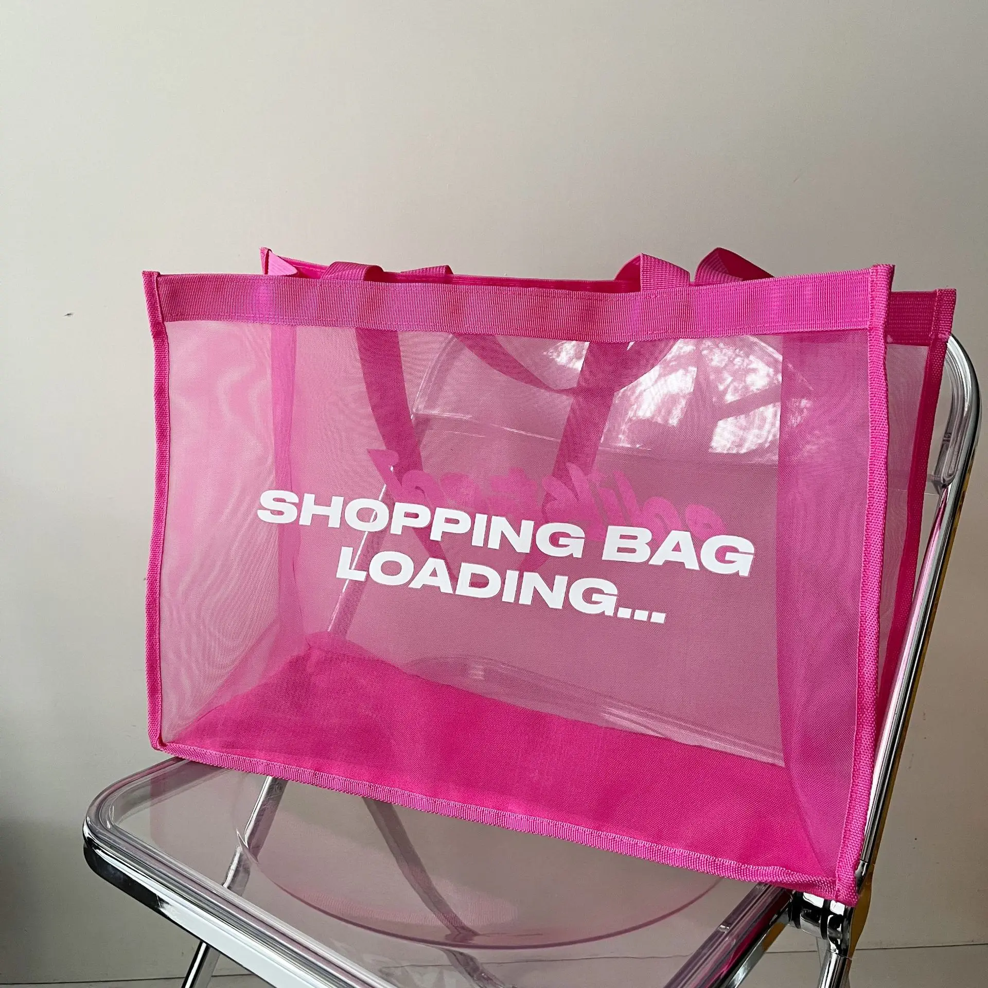 Custom Logo Fashion Screen Printed Large Mesh Tote Bag for Shopping Reusable Nylon Bag Wholesale Promotional Gifts preview 5