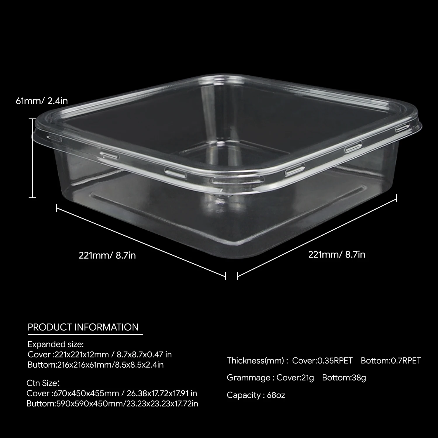 Food-Grade Transparent 4/8/12/16/68oz Cake Box Packaging RPET Plastic Clamshell Dessert Containers