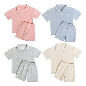 2026 Custom Embroidery Children 2-Pieces Solid Color Organic Cotton and Spandex Cropped Zip up Hoodie Kids Tracksuits Sets