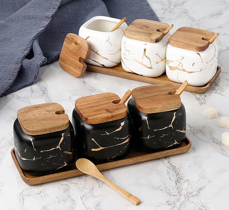 Popular Modern Porcelain Ceramic seasoning condiment sugar salt bowl condiment jars with wooden lids and spoons and tray