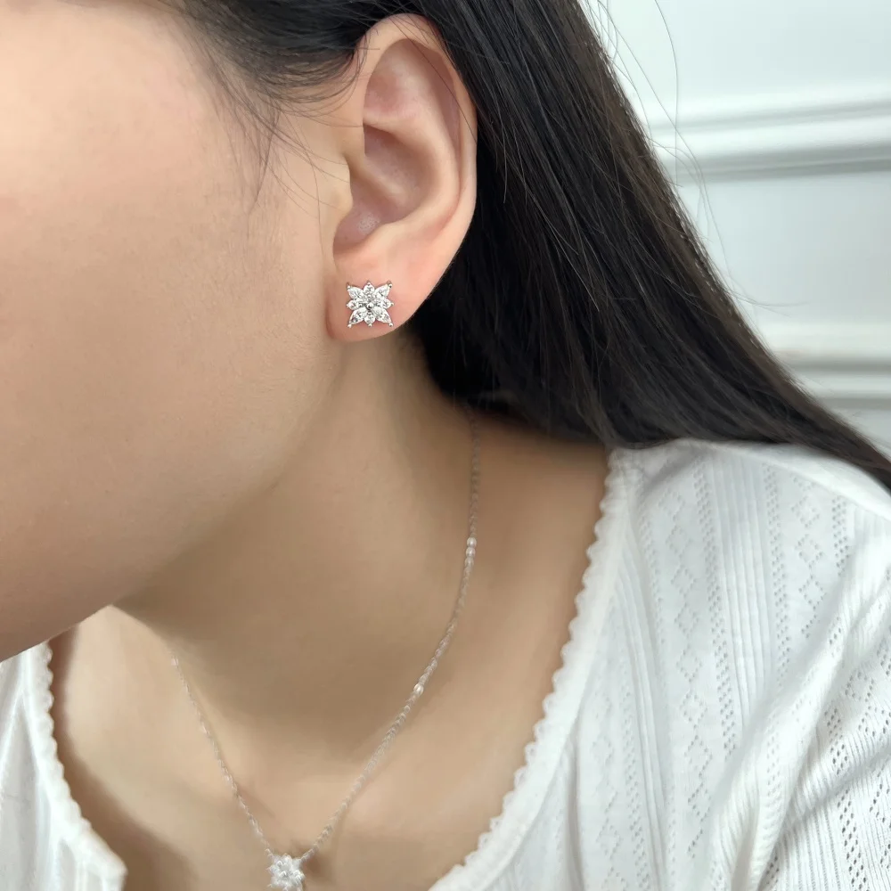 KAKODIY Fashion Fine Rhodium Plated 925 Sterling Silver Unchanged 5A Cubic Zirconia Snowflake Shaped Earrings for Women detail 5