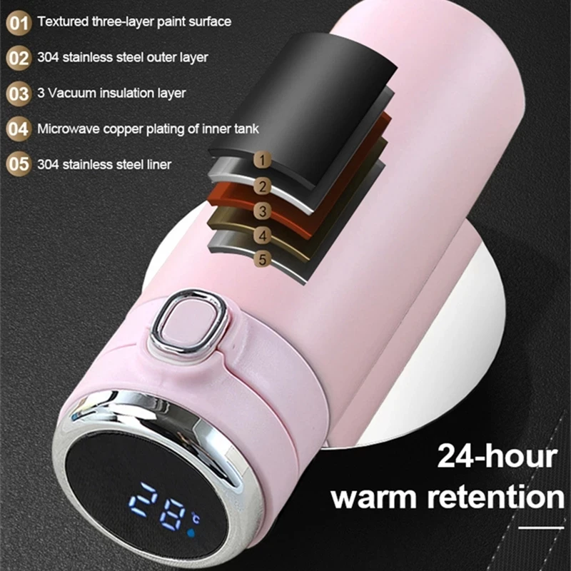 Smart Insulated Water Bottle Vacuum Wide Mouth Coffee Mug Travel Thermoses  with LCD Touch Screen 304 Stainless Steel Coffee Cup