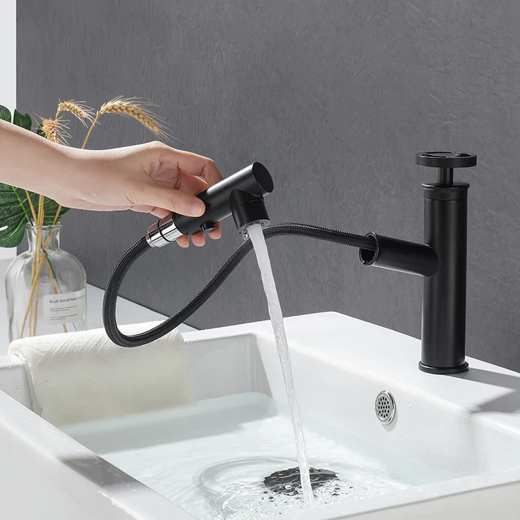 New Design Bathroom Sinks Pull Out Brass Black Basin Faucet