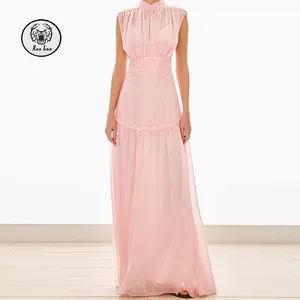 New Fashion High Neck Ruffle Trim Sleeveless Casual Summer Comfy Clothing Women Elegant Pink  Maxi Dresses