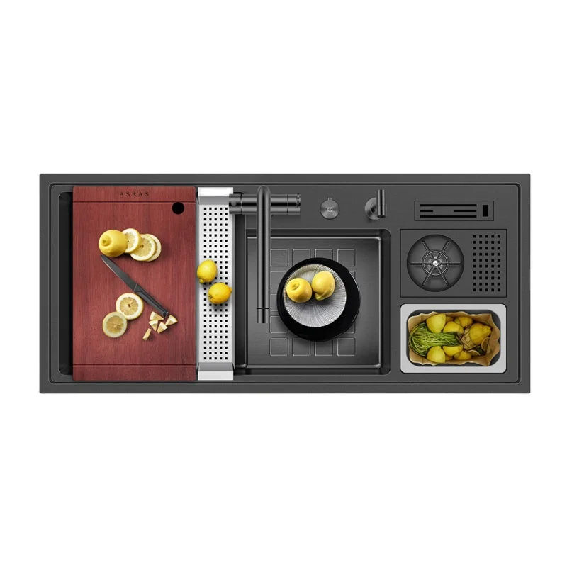 Asras SUS304 Nano Single Large Stepped Basin with Cup Washer with Drain Trash Can Model 10547NX Handmade Kitchen Sink