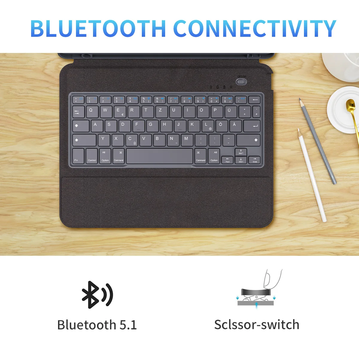 Wireless Bluetooth Smart Keyboard Case With Pencil Holder And Metal