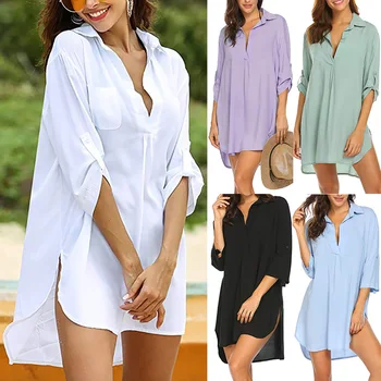 Fall Summer Women Casual V Neck Long Sleeve Plain Shirts Beach Cover Up Blouses Ladies