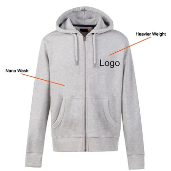 Customized Comfortable Essential Nano Washed Hoody Zip Sweatshirt Heavy Weight Terry Jacket Grey Hoodies