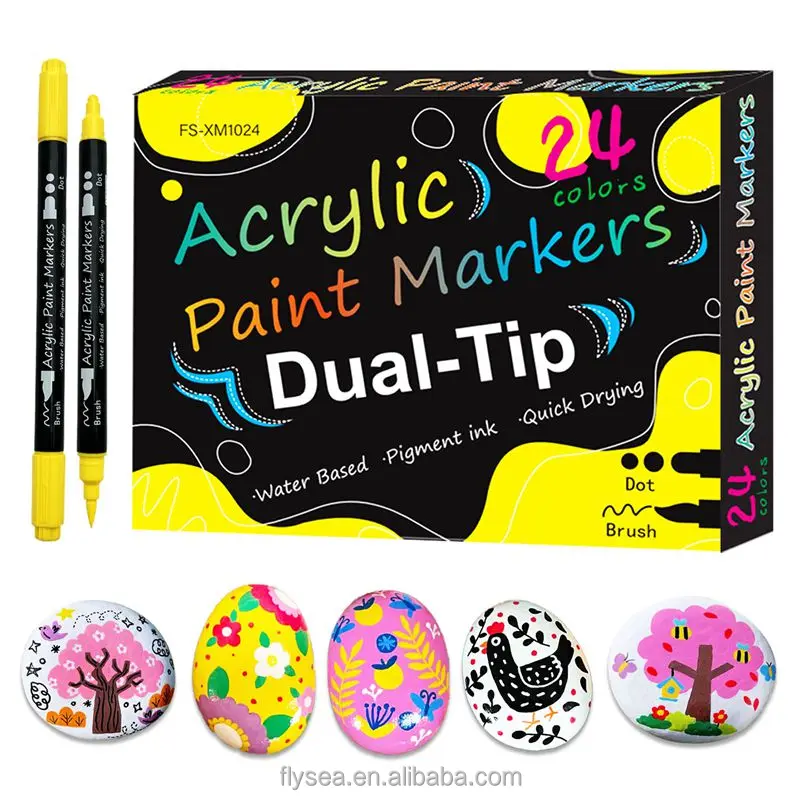 24 Colors Dual Tip Acrylic Paint Pens Markers Premium Acrylic Paint