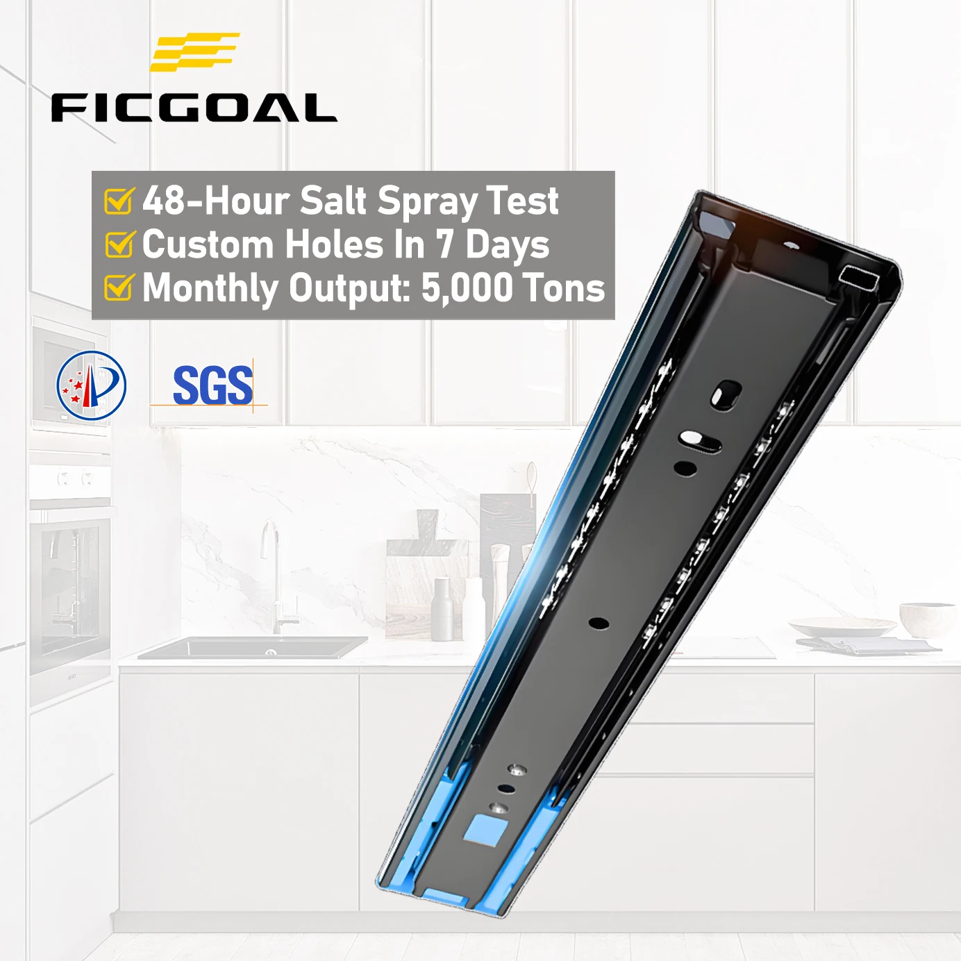 FICGOAL Customizable Cold Rolled Steel 3-Fold Soft Close Slide 45mm Drawer Slide for Industrial Suppliers Kitchen Drawer Rail