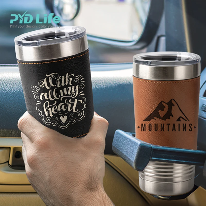 PYD Life 2022 пользовательский 20 OZ Выгравированный кожаный обернутый дорожный кофейный стакан кружка с вакуумной изоляцией стакан из нержавеющей стали с крышкой