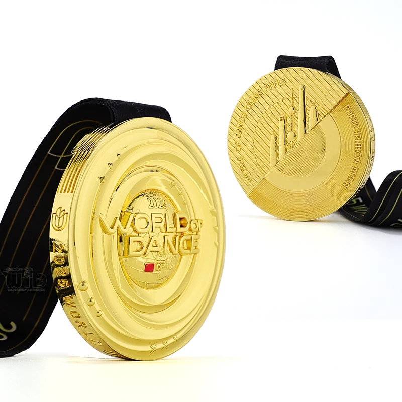 Fabrikant op maat ontwerp hoogwaardige ronde dikke gouden dansmedaille ontwerp gepersonaliseerde cheerleading gymnastiek metalen medaille