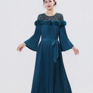 Plus Size Pleated Dress for Women - Lace Petal Neck Flare Sleeve Belted Midi Dress Elegant Plus Size Fashion