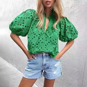2026 Summer Fashion Casual Blouse Top Button Hollow Lace Embroidered Lantern Sleeves Breathable Shirt Sweet Style Front Logo