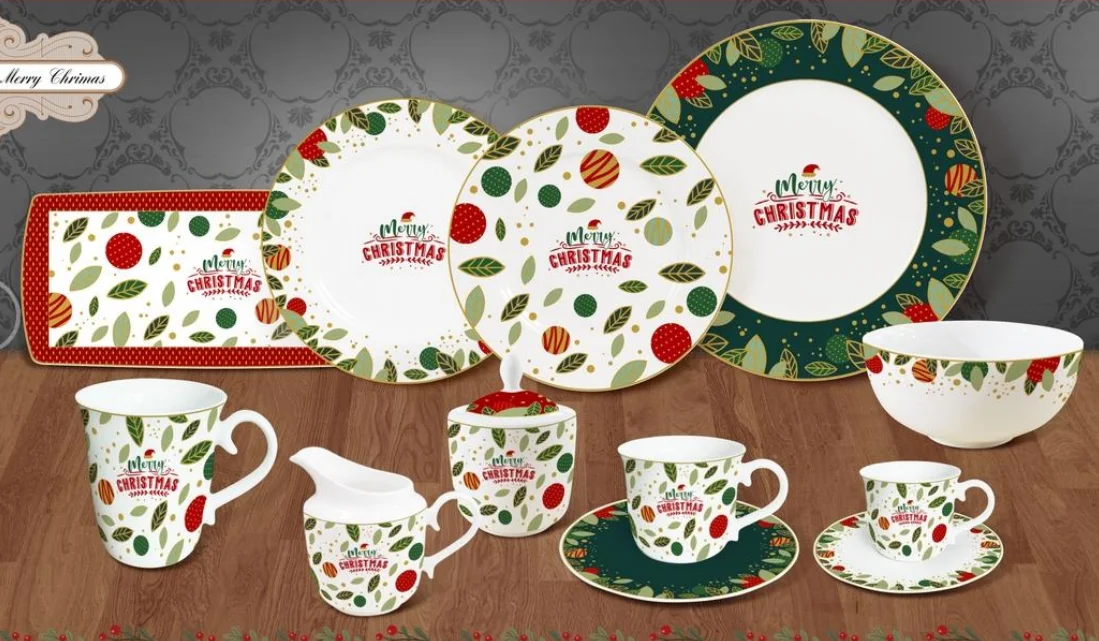 Taohui Ceramic Porcelain Customizable Christmas Vibe Dinner Set Dishes Bowls and Tea Cups for Home details