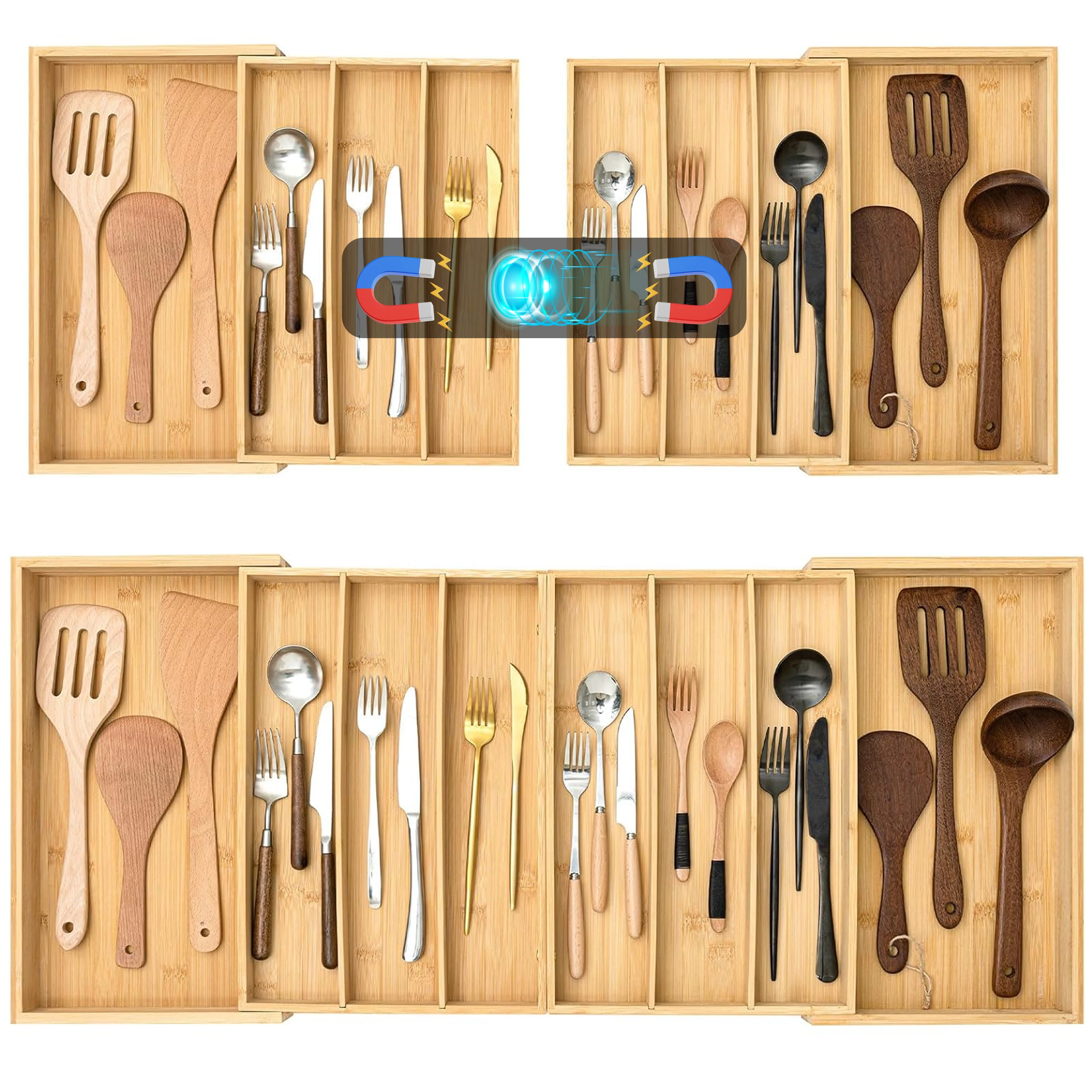 Magnetic Combinable Expandable Bamboo Large Drawer Organizer Silverware Cutlery Tray Kitchen Flatware Storage Divider Holder