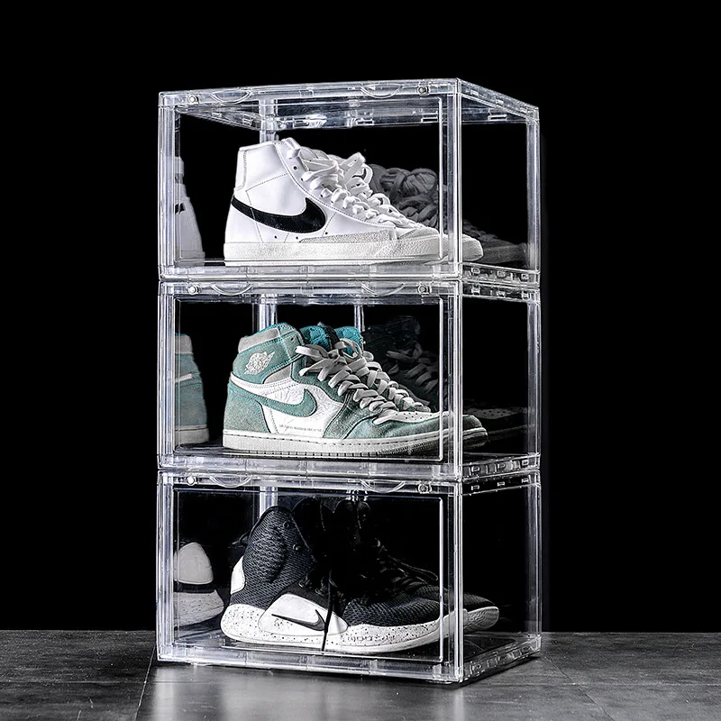 Hot Sale Acrylic Shoe Box Foldable Waterproof Magnetic Drop Design Dustproof Clear Sneaker Crates for Living Room Kitchen