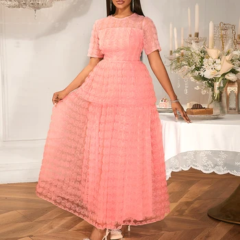 AM050545 Summer Romantic Floral Short Sleeve Mesh Long Gown High Waist a Line Maxi Formal Evening Pink Dresses Girl with Flowers