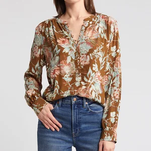 Customize Daily Top Style Women's Long Sleeve Curved Hem Wild Floral Print Crepe Popover Regular Top