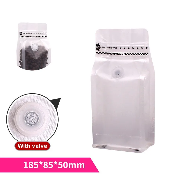 Custom Plastic Matte Frosted Transparent Clear Flat Bottom Translucent Coffee Bean Bags Packaging 250G With Valve and Zipper