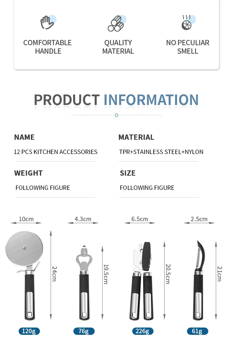 12pcs Cooking Utensils Set Stainless Steel Kitchen Accessories With Black Handle Utensils Set