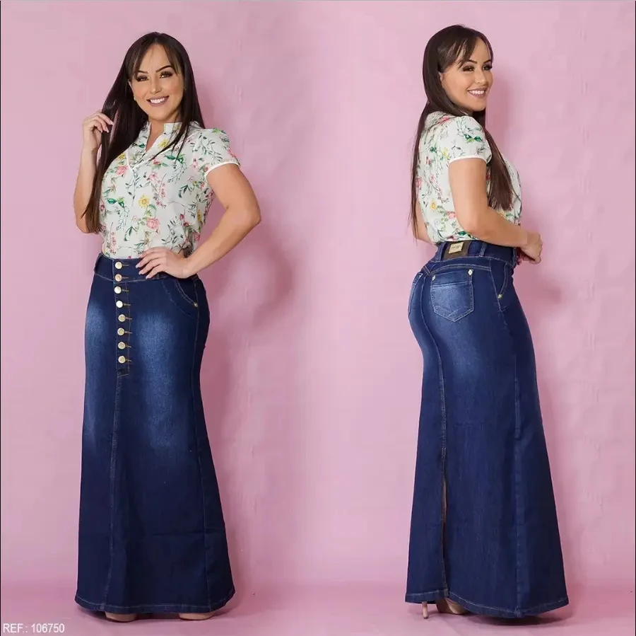 Basic Design Ladies High Waist Skirt Casual Front Slit Jean Skirt for Women Plus Size Denim Long Skirt