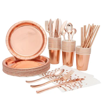 Pink Gold Party Supplies Disposable Tableware Paper Dinnerware Paper Plates Cutlery Napkins Cups Cutlery for Wedding Girl/