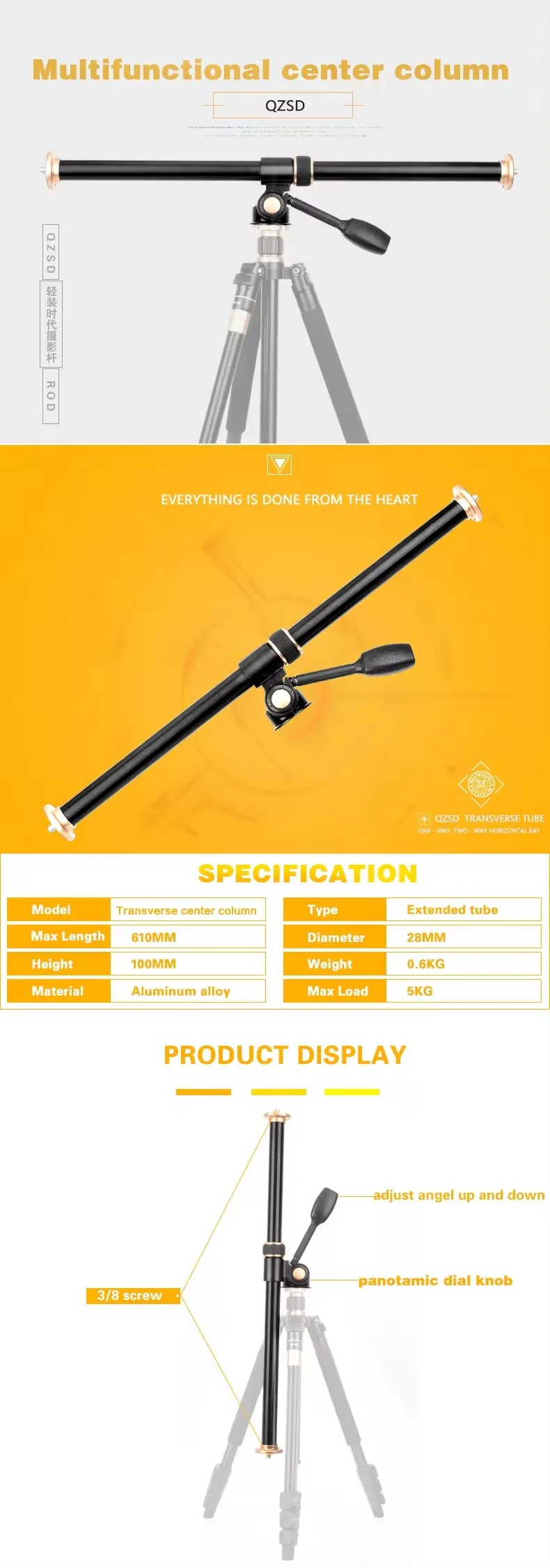 QZSD-YT01 Konverzní adaptér na stativ Příčná trubka středového sloupu s 3/8 šroubovým adaptérem pro stabilizátor kulové hlavy pro stativ