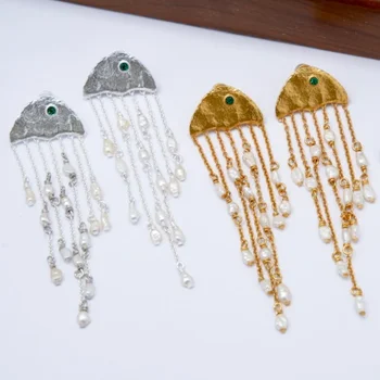 Luxury 24K Real Gold Plated Brass Marine Series Jellyfish Shaped Natural Pearl Fringe Earrings