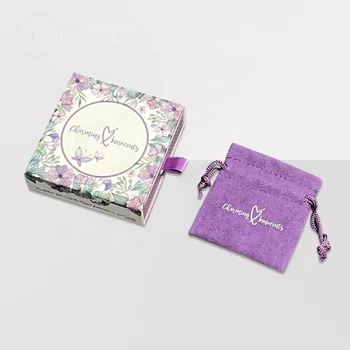 Custom Purple Velvet Pouch and Box with Sponge Liner Embossed Jewelry Packaging Suede Jewelry Bag with Box
