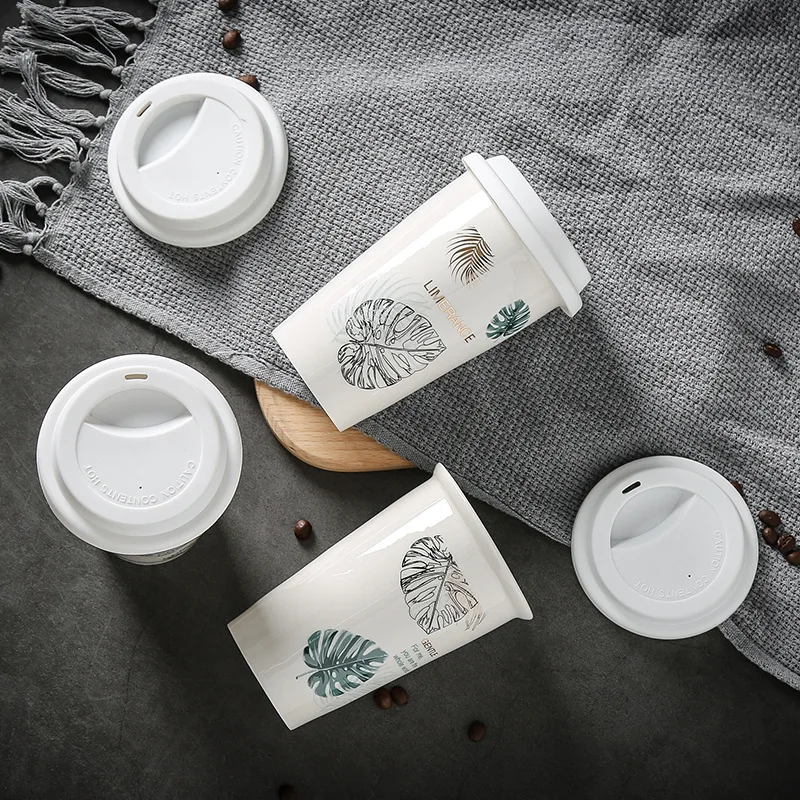 Take Away Porcelain Thermal Coffee Mugs with Printed Logo Water Mug Double Wall Coffee Cup Ceramic Travel Mug with Silicone Lid