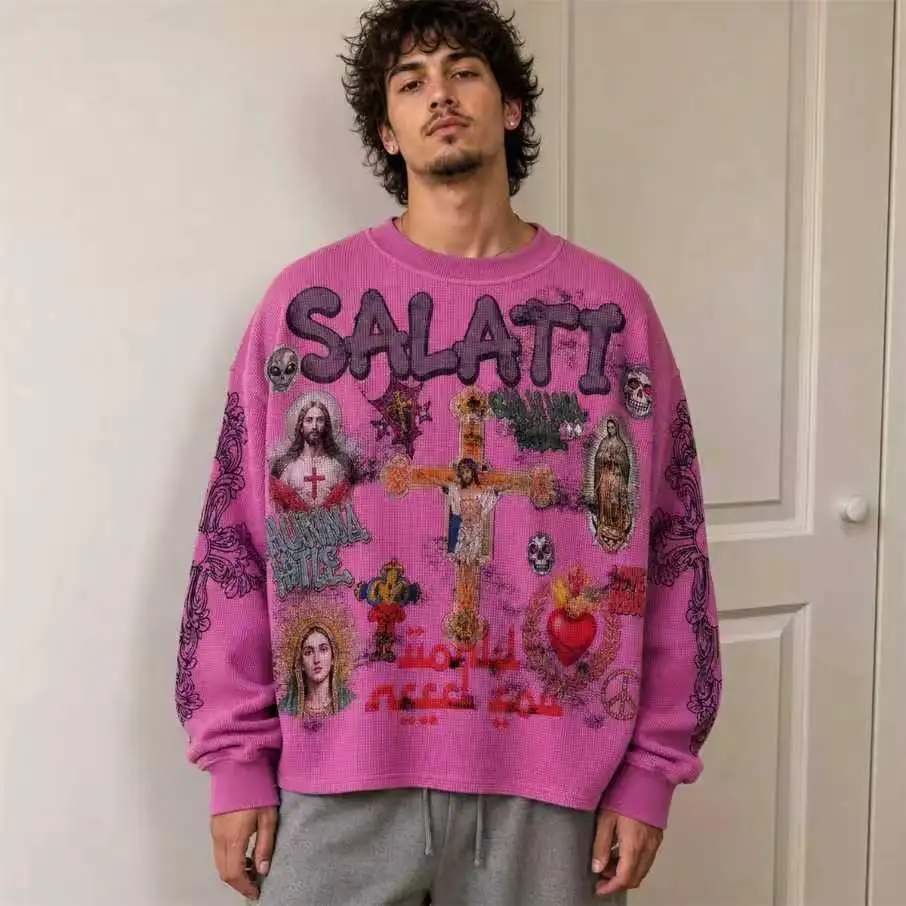 OEM Waffle Knit Pullover Sweatshirt Graphic Print Oversized Streetwear Casual Bulk Supplier Winter Loose Fit Men Sweatshirt gallery 3