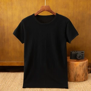 Men's Casual Fitness T-Shirt Solid Woolen Semi-Worsted Low Round Neck Short-Sleeved Knitted Bottoming Shirt with Simple Design