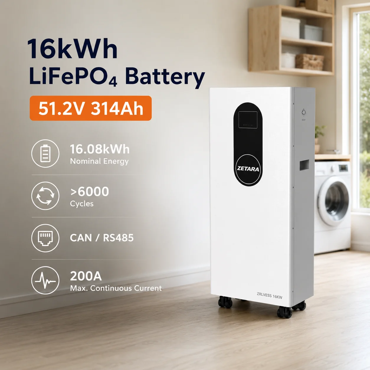 16kWh 51.2V 314Ah LiFePO4 Battery System Wall Mount Lithium Battery Pack Compatible with Mainstream Inverters CAN RS485