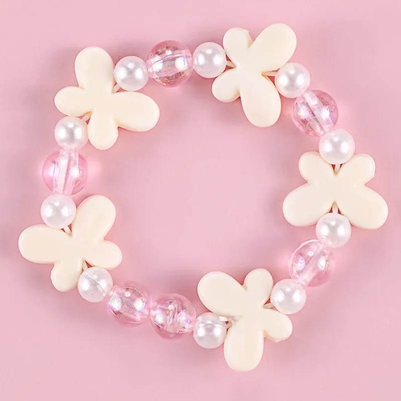 Factory Wholesale Fashion Cute Children's jewelry Princess pearl beads bracelet with flowers 15cm pink baby girl bracelet