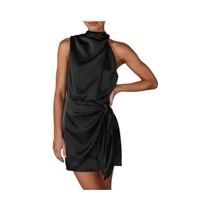Women's Casual Short Formal Satin Dress Summer Sleeveless Mock Neck Tie Waist Washable Cocktail Party Dresses Solid Natural