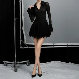 ZYHT 73448 Factory Direct Custom Women's Black Sheer Woven Mesh Washable Mini Dress with V-Neck Flared Cuffs for Daily