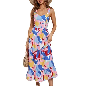 Summer Printed Dress V-neck Ruffle Sleeveless Camisole Dress for Women