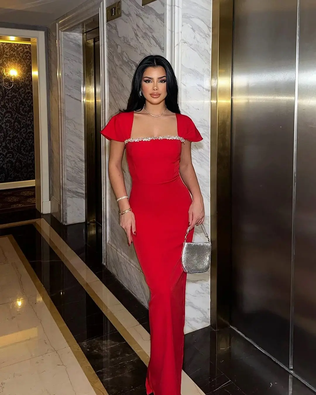 High Quality Christmas Long Diamond Dresses Sexy Elegant French Style Red  Bandage Dress Formal Party Evening Dress