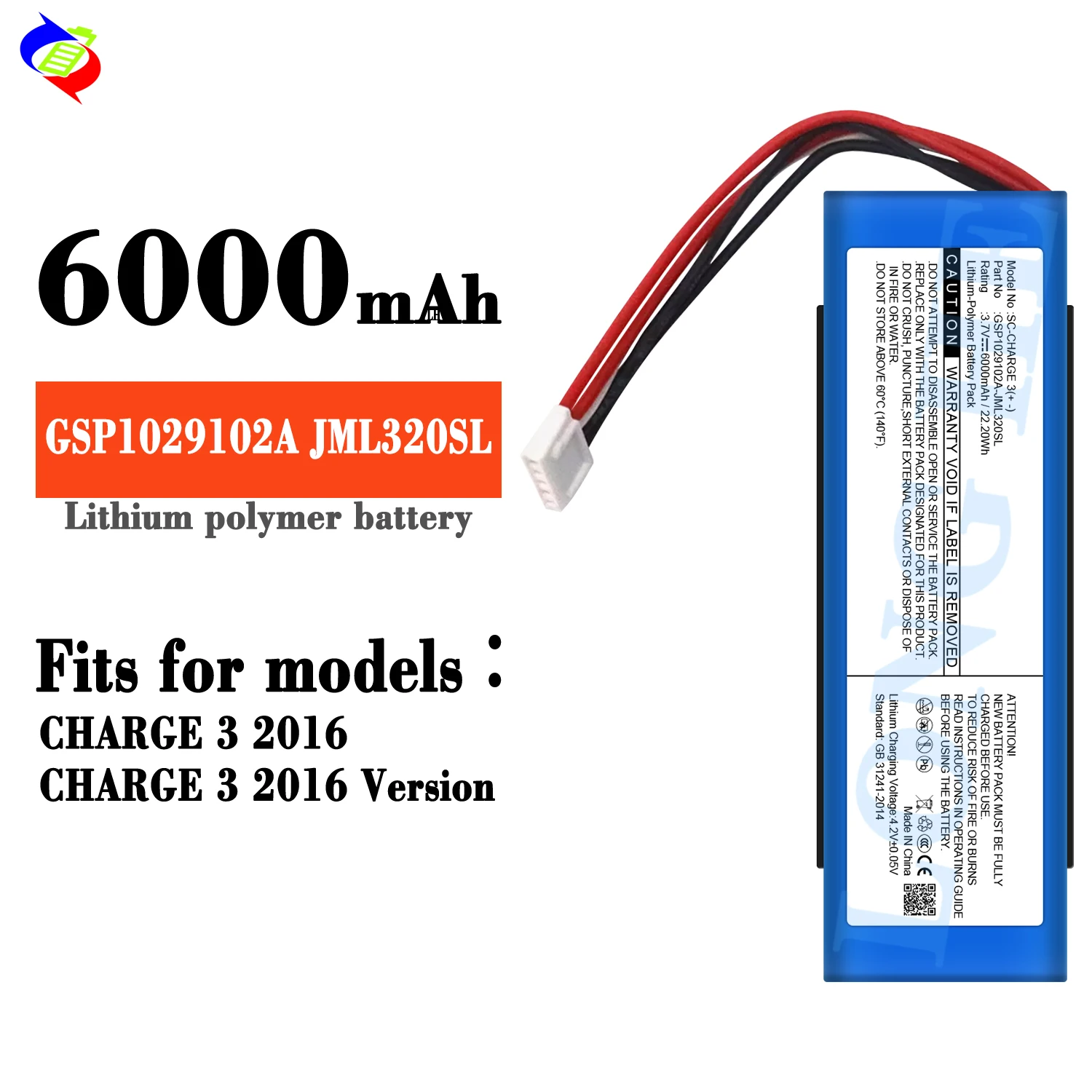 3.7V, Li-Polymer, 6000mAh, Speaker Battery Fits Jbl, Charge 3 2016 Charge 3 2016 Version 22 20wh