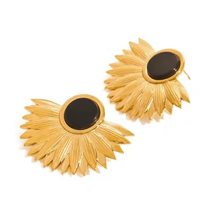 Women's New Creative 18K Gold Sunflower Earrings Trendy Stainless Steel Waterproof Black Agate Stud Jewelry Personality Style