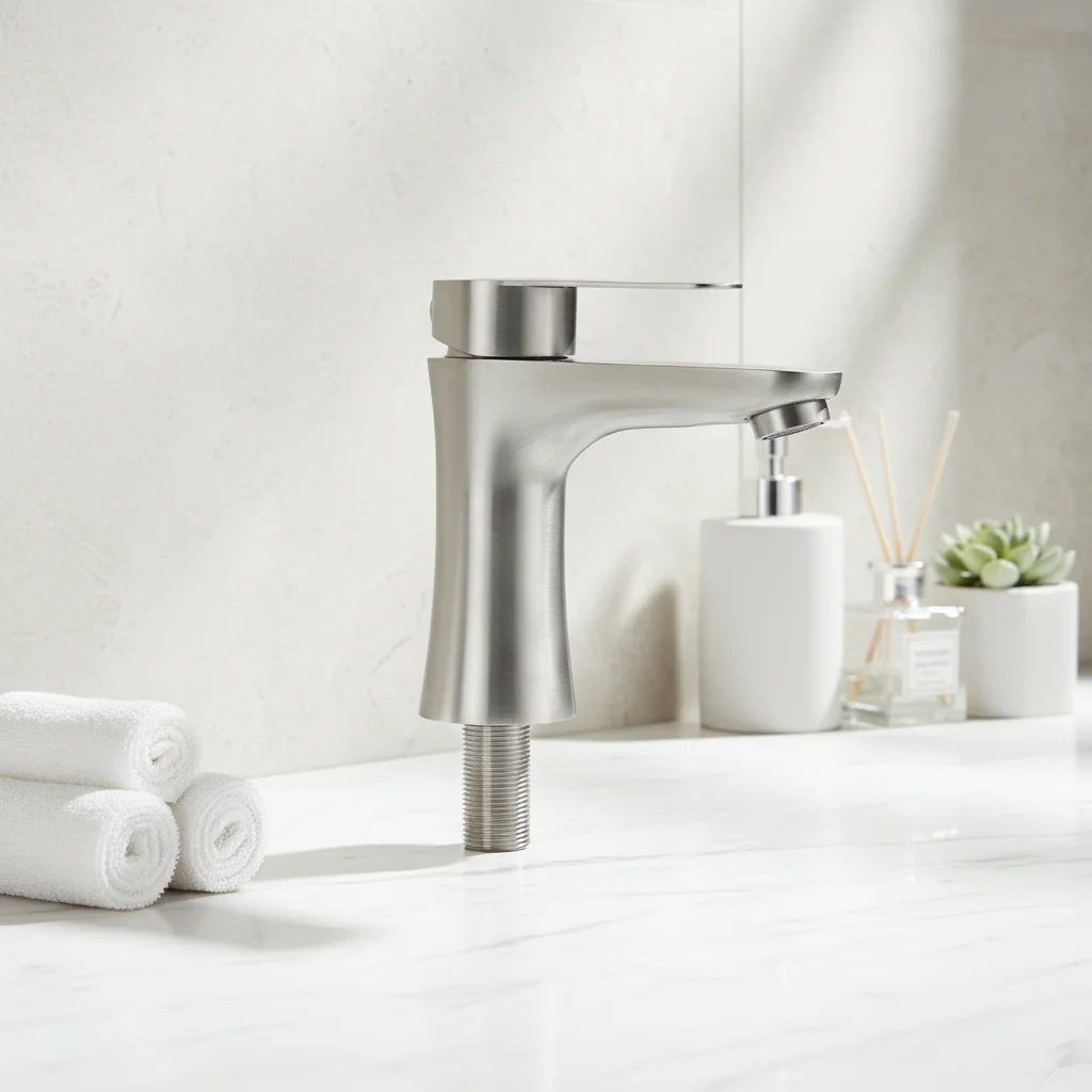SUS304 Single Handle Cold Basin Faucet Brushed Finish 19.5cm Modern Bathroom Washbasin Single Hole Deck Mounted